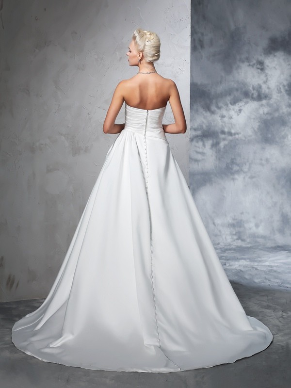 Ball Gown Strapless Ruched Sleeveless Long Satin Wedding Dresses 1268