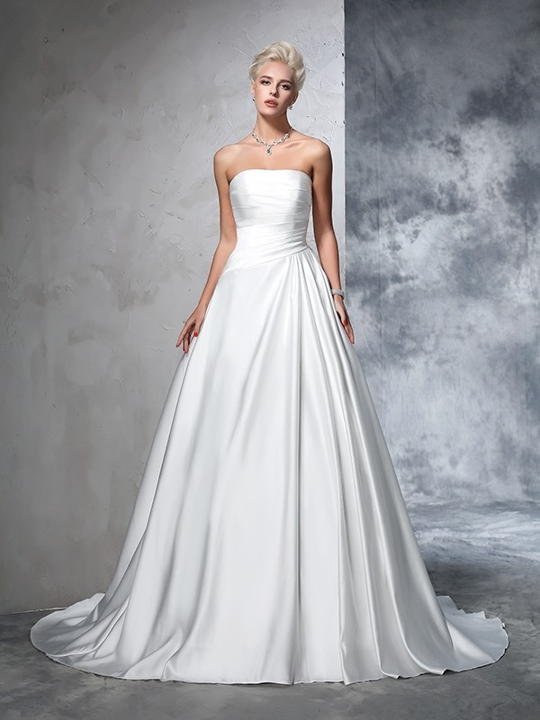 Ball Gown Strapless Ruched Sleeveless Long Satin Wedding Dresses 1268