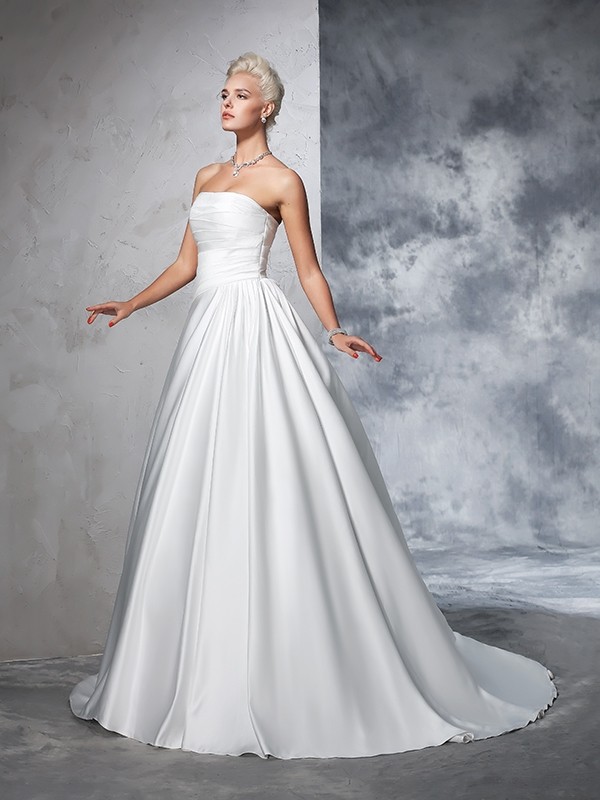 Ball Gown Strapless Ruched Sleeveless Long Satin Wedding Dresses 1268