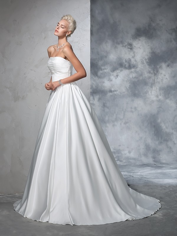 Ball Gown Strapless Ruched Sleeveless Long Satin Wedding Dresses 1268