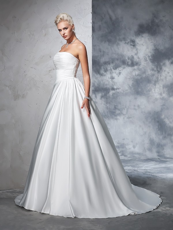 Ball Gown Strapless Ruched Sleeveless Long Satin Wedding Dresses 1268