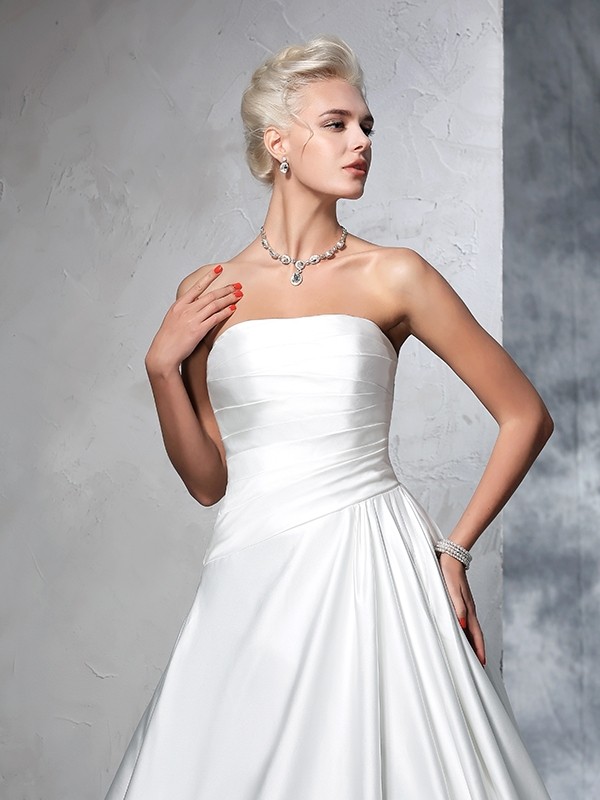 Ball Gown Strapless Ruched Sleeveless Long Satin Wedding Dresses 1268