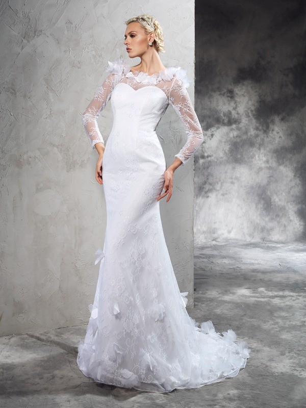 Sheath/Column Sheer Neck Hand-Made Flower Long Sleeves Long Satin Wedding Dresses 1965