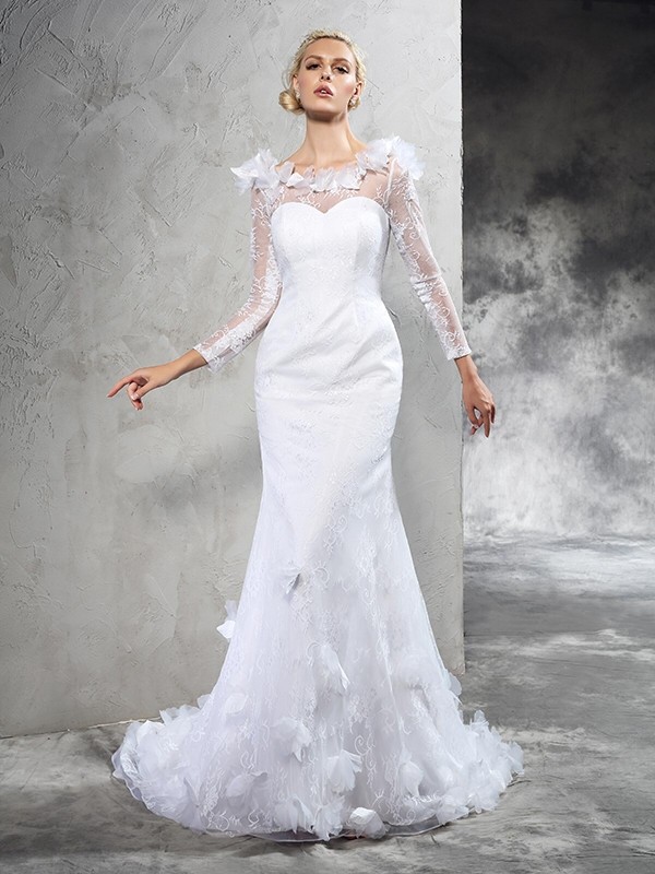 Sheath/Column Sheer Neck Hand-Made Flower Long Sleeves Long Satin Wedding Dresses 1965