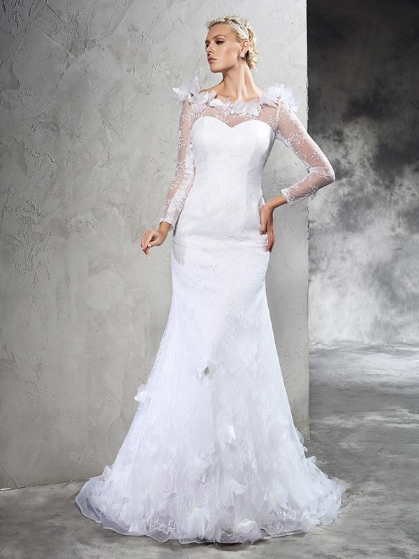 Sheath/Column Sheer Neck Hand-Made Flower Long Sleeves Long Satin Wedding Dresses 1965