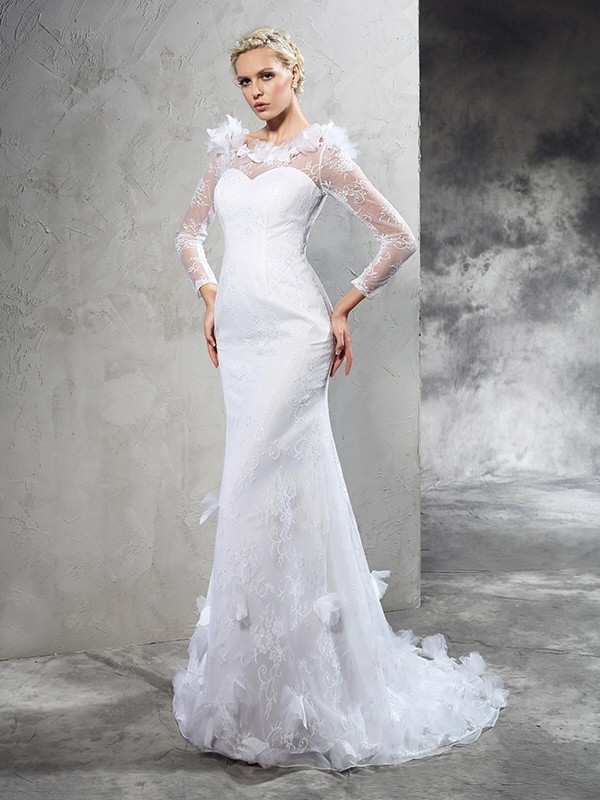 Sheath/Column Sheer Neck Hand-Made Flower Long Sleeves Long Satin Wedding Dresses 1965