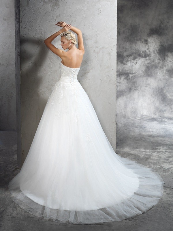 Ball Gown Strapless Applique Sleeveless Long Satin Wedding Dresses 1912