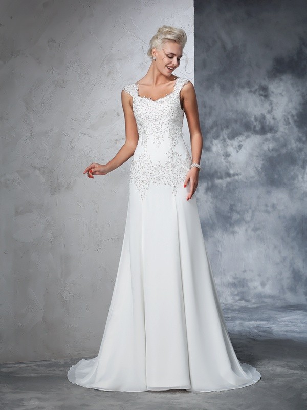 A-Line/Princess Straps Beading Sleeveless Long Chiffon Wedding Dresses 1822