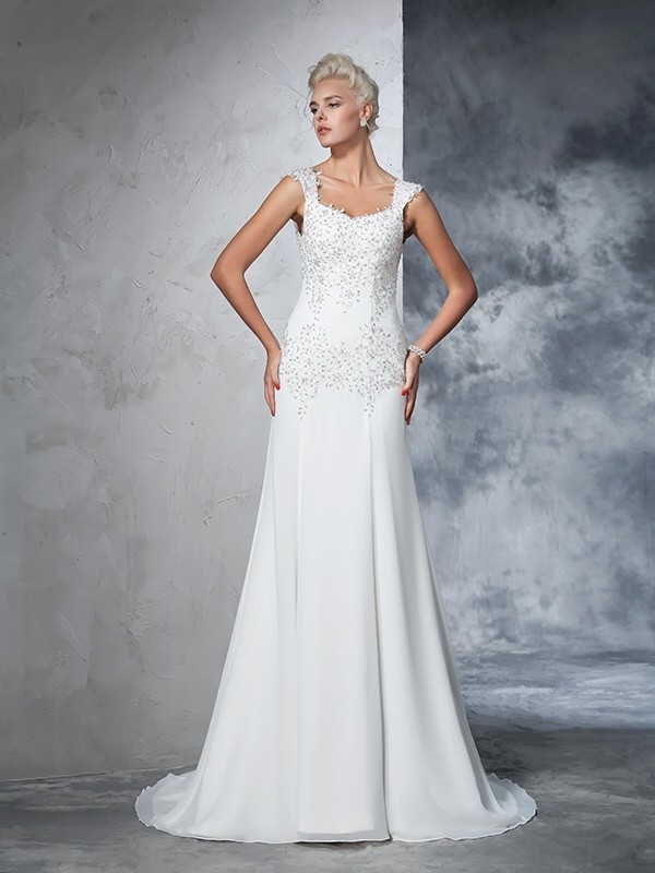 A-Line/Princess Straps Beading Sleeveless Long Chiffon Wedding Dresses 1822