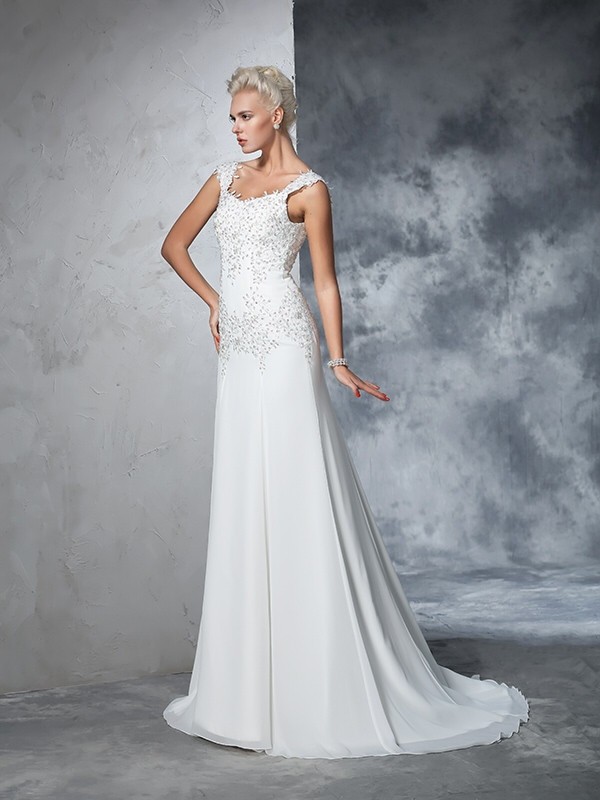 A-Line/Princess Straps Beading Sleeveless Long Chiffon Wedding Dresses 1822