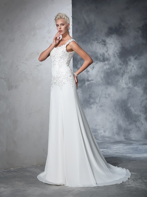 A-Line/Princess Straps Beading Sleeveless Long Chiffon Wedding Dresses 1822