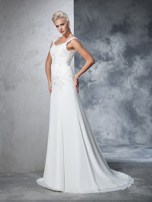 A-Line/Princess Straps Beading Sleeveless Long Chiffon Wedding Dresses 1822