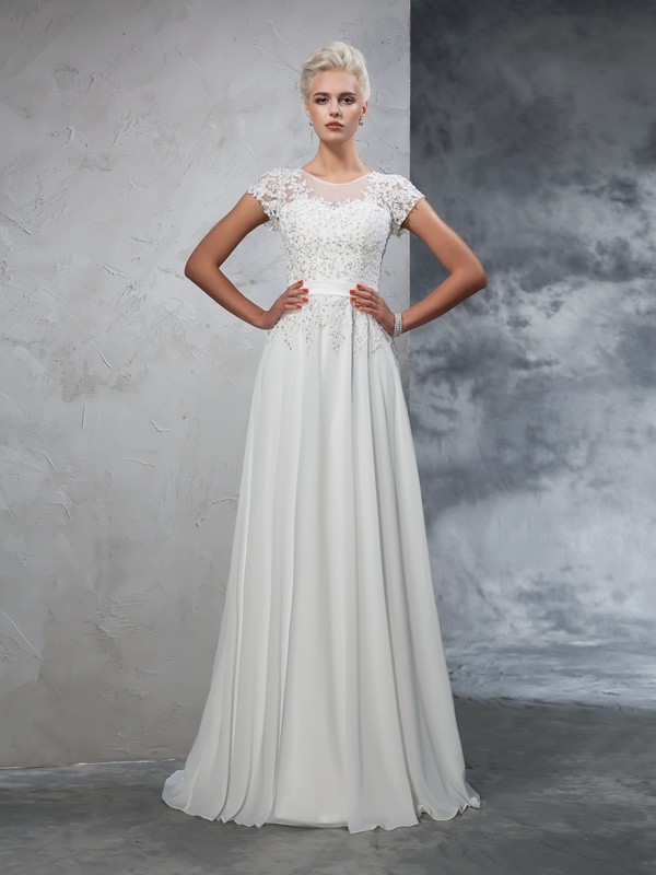 A-Line/Princess Sheer Neck Applique Short Sleeves Long Chiffon Wedding Dresses 1804