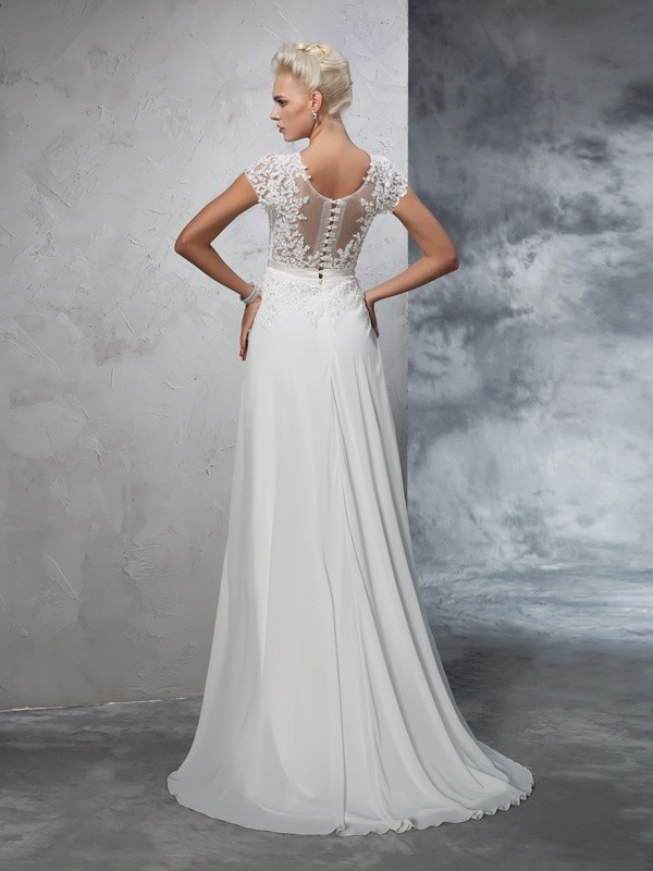 A-Line/Princess Sheer Neck Applique Short Sleeves Long Chiffon Wedding Dresses 1804