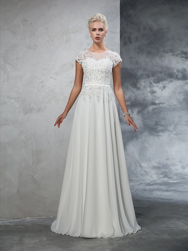 A-Line/Princess Sheer Neck Applique Short Sleeves Long Chiffon Wedding Dresses 1804