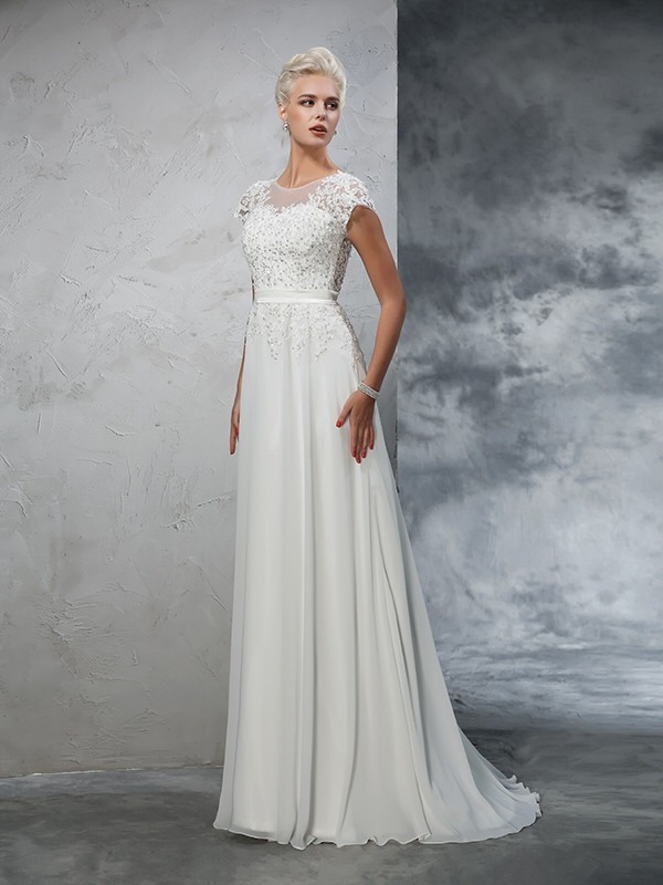 A-Line/Princess Sheer Neck Applique Short Sleeves Long Chiffon Wedding Dresses 1804