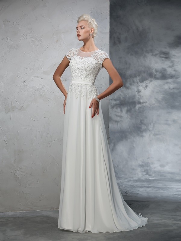 A-Line/Princess Sheer Neck Applique Short Sleeves Long Chiffon Wedding Dresses 1804