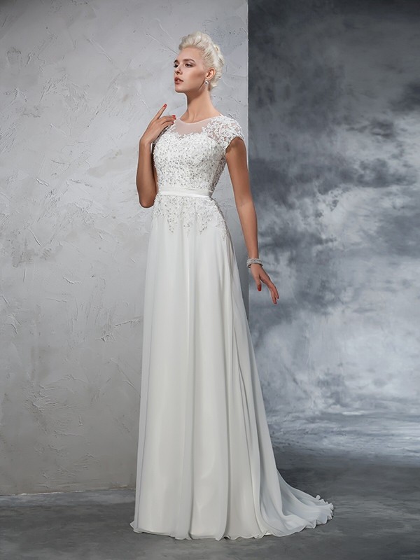 A-Line/Princess Sheer Neck Applique Short Sleeves Long Chiffon Wedding Dresses 1804