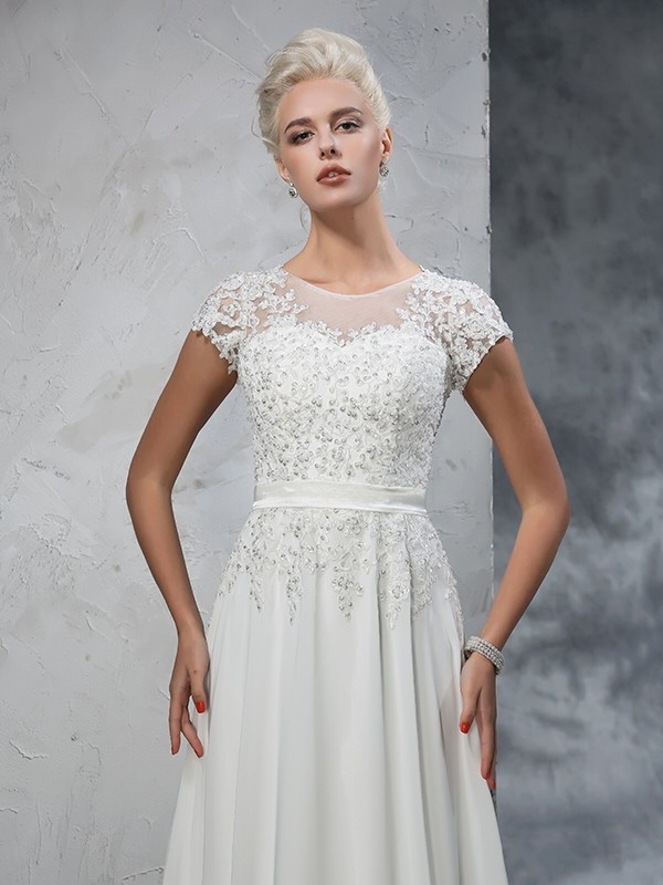 A-Line/Princess Sheer Neck Applique Short Sleeves Long Chiffon Wedding Dresses 1804