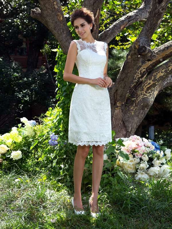 A-Line/Princess Sheer Neck Applique Sleeveless Short Satin Wedding Dresses 885