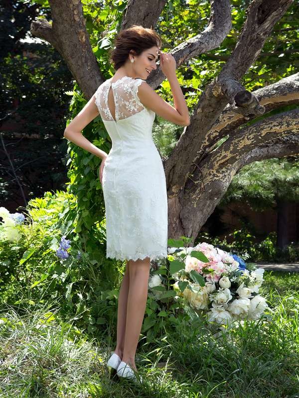 A-Line/Princess Sheer Neck Applique Sleeveless Short Satin Wedding Dresses 885