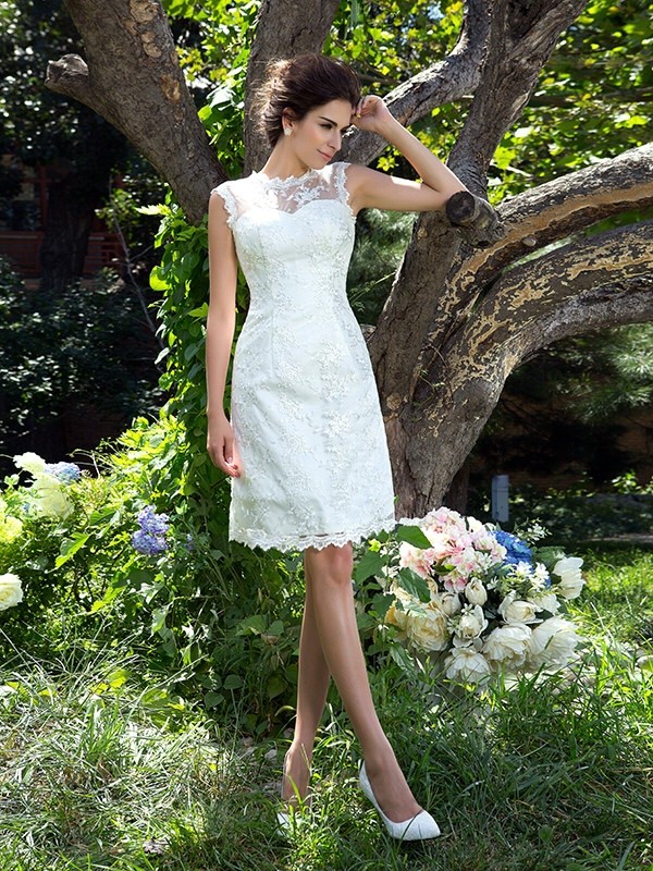 A-Line/Princess Sheer Neck Applique Sleeveless Short Satin Wedding Dresses 885