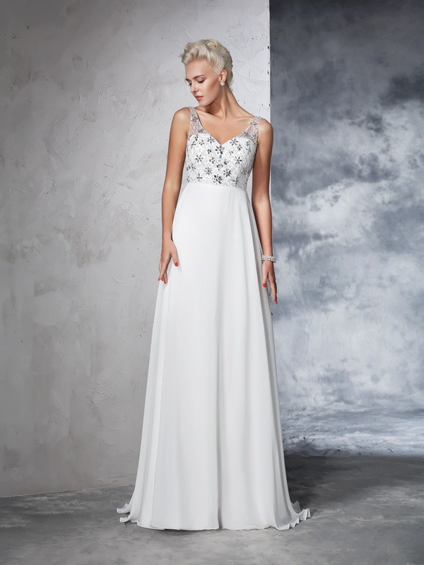 A-Line/Princess V-neck Beading Sleeveless Long Chiffon Wedding Dresses 1865