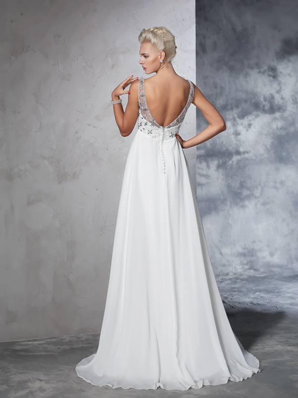 A-Line/Princess V-neck Beading Sleeveless Long Chiffon Wedding Dresses 1865