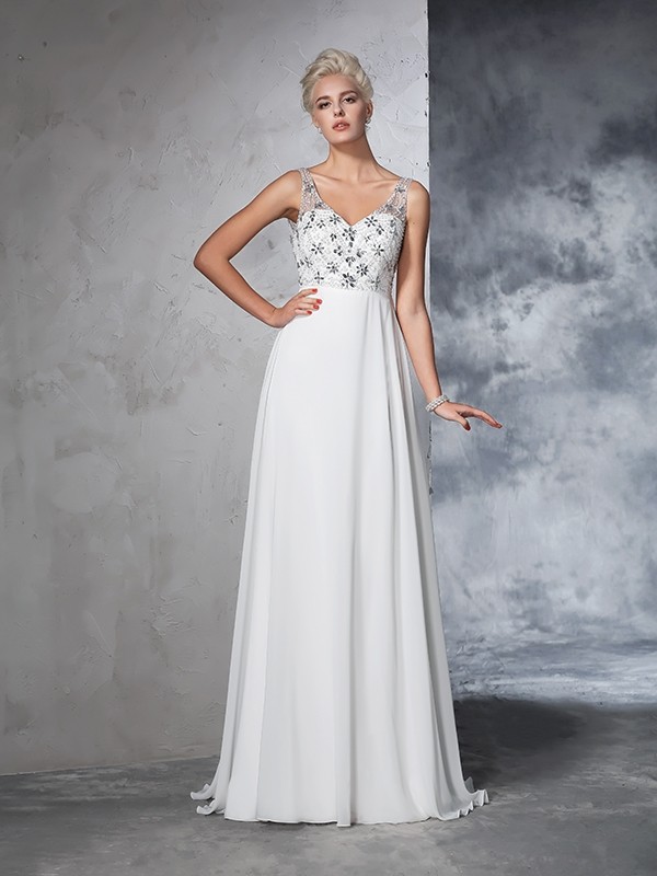 A-Line/Princess V-neck Beading Sleeveless Long Chiffon Wedding Dresses 1865