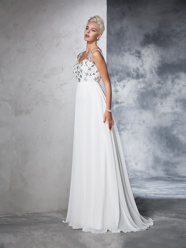 A-Line/Princess V-neck Beading Sleeveless Long Chiffon Wedding Dresses 1865