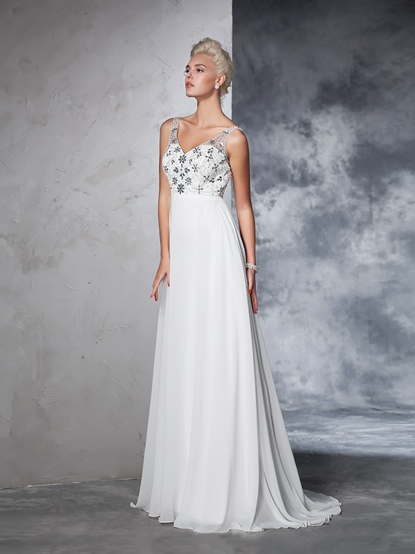 A-Line/Princess V-neck Beading Sleeveless Long Chiffon Wedding Dresses 1865