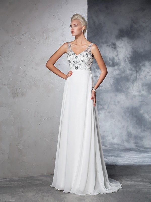 A-Line/Princess V-neck Beading Sleeveless Long Chiffon Wedding Dresses 1865