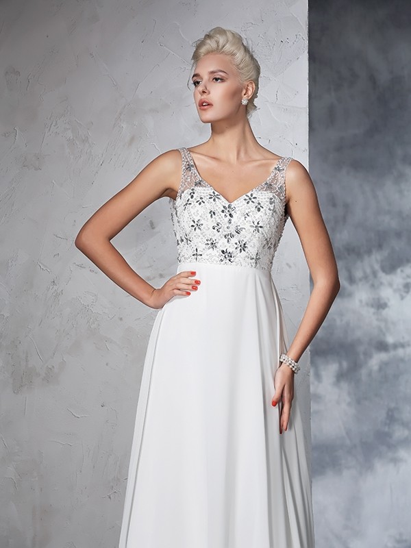 A-Line/Princess V-neck Beading Sleeveless Long Chiffon Wedding Dresses 1865