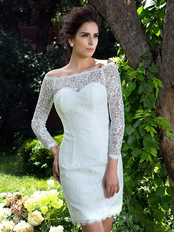 Sheath/Column Scoop Long Sleeves Short Lace Wedding Dresses 1964