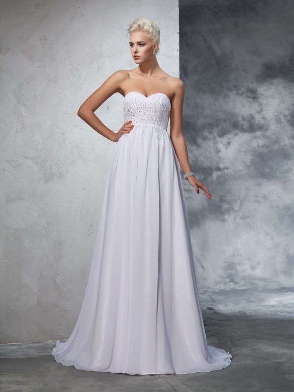 A-Line/Princess Sweetheart Beading Sleeveless Long Chiffon Wedding Dresses 1835