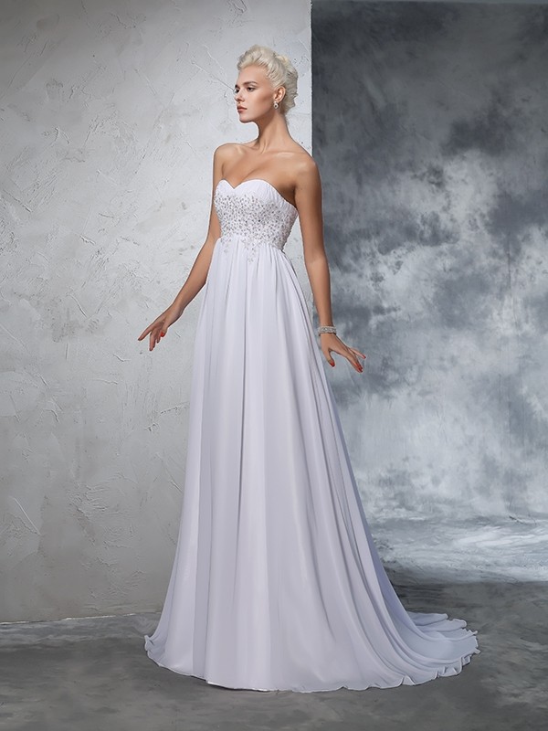 A-Line/Princess Sweetheart Beading Sleeveless Long Chiffon Wedding Dresses 1835