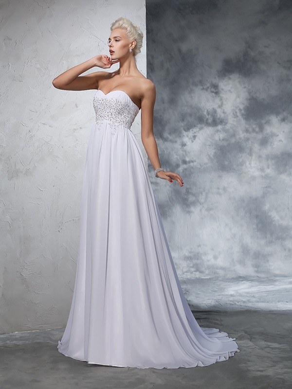 A-Line/Princess Sweetheart Beading Sleeveless Long Chiffon Wedding Dresses 1835