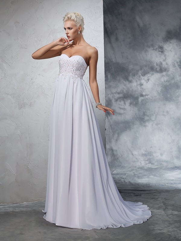 A-Line/Princess Sweetheart Beading Sleeveless Long Chiffon Wedding Dresses 1835