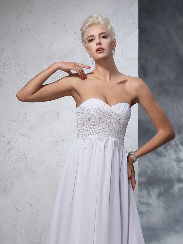 A-Line/Princess Sweetheart Beading Sleeveless Long Chiffon Wedding Dresses 1835