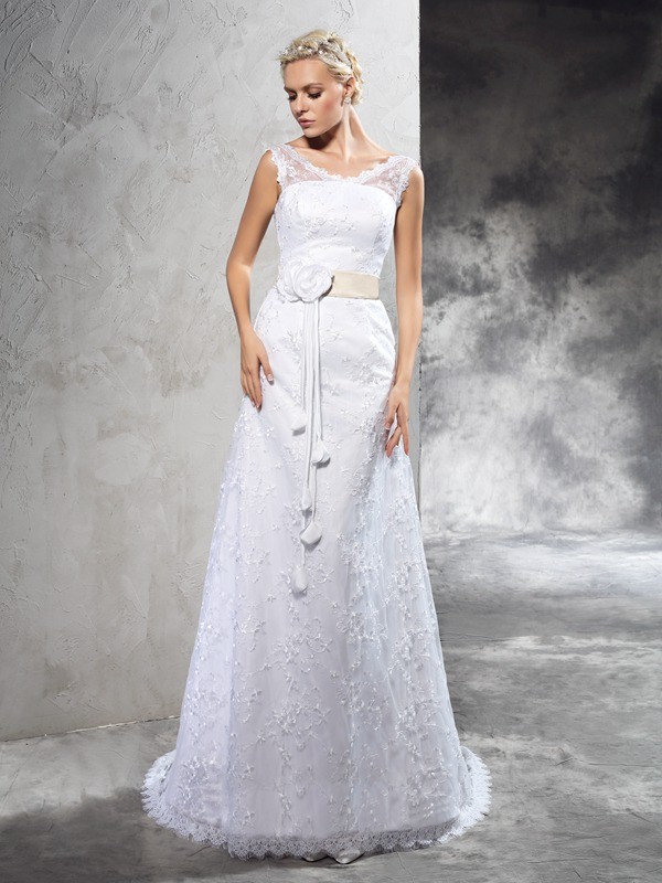 Sheath/Column Sheer Neck Hand-Made Flower Sleeveless Long Satin Wedding Dresses 1966