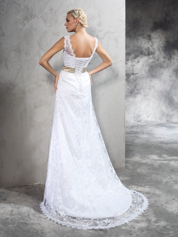 Sheath/Column Sheer Neck Hand-Made Flower Sleeveless Long Satin Wedding Dresses 1966