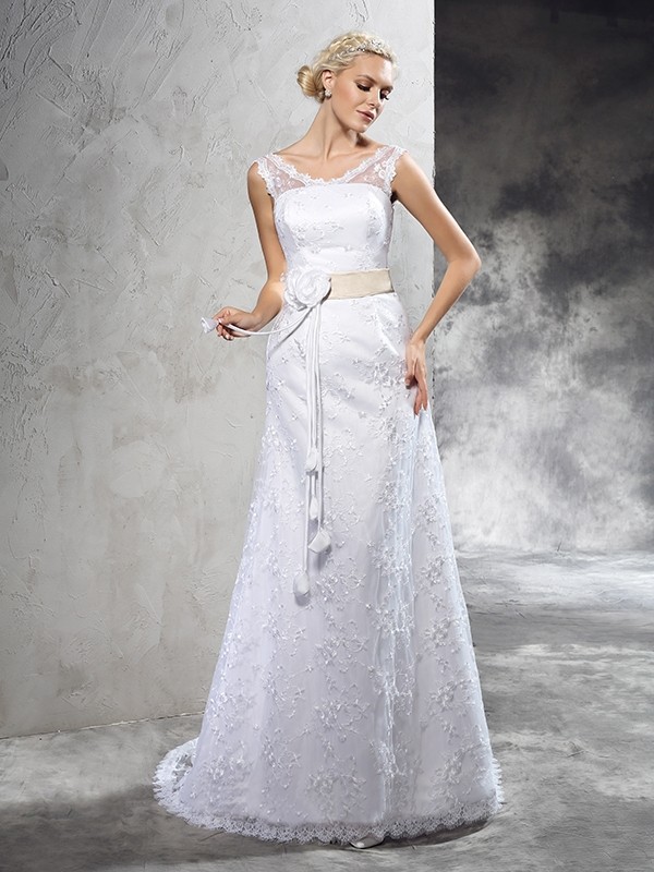 Sheath/Column Sheer Neck Hand-Made Flower Sleeveless Long Satin Wedding Dresses 1966