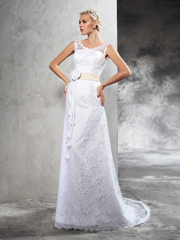 Sheath/Column Sheer Neck Hand-Made Flower Sleeveless Long Satin Wedding Dresses 1966