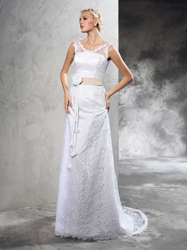 Sheath/Column Sheer Neck Hand-Made Flower Sleeveless Long Satin Wedding Dresses 1966