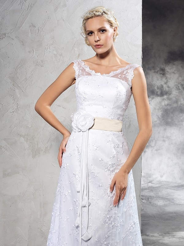 Sheath/Column Sheer Neck Hand-Made Flower Sleeveless Long Satin Wedding Dresses 1966