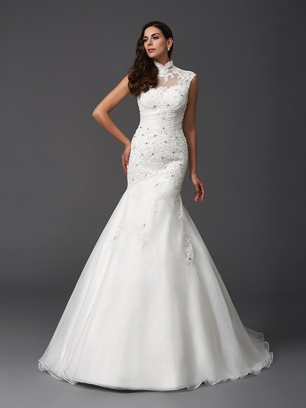 Trumpet/Mermaid High Neck Beading Sleeveless Long Organza Wedding Dresses 1565