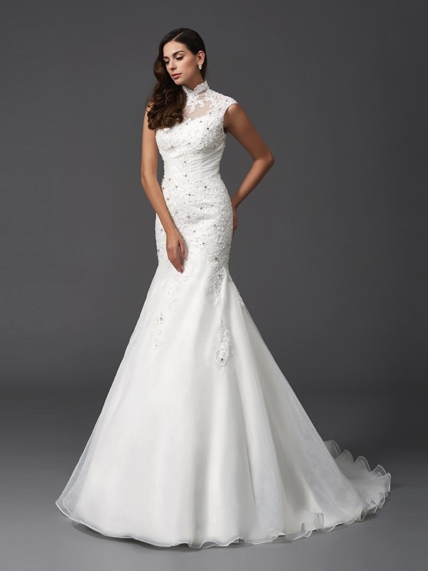 Trumpet/Mermaid High Neck Beading Sleeveless Long Organza Wedding Dresses 1565