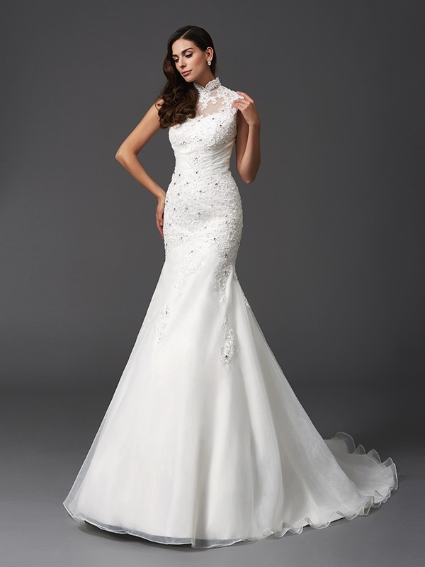 Trumpet/Mermaid High Neck Beading Sleeveless Long Organza Wedding Dresses 1565