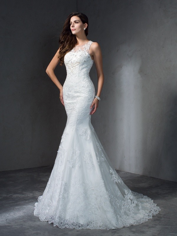 Trumpet/Mermaid Scoop Applique Sleeveless Long Lace Wedding Dresses 1627