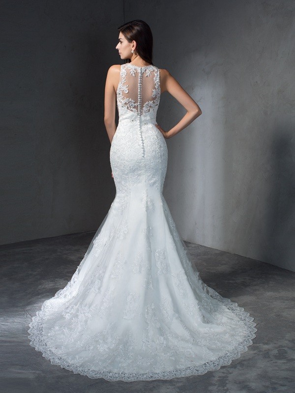 Trumpet/Mermaid Scoop Applique Sleeveless Long Lace Wedding Dresses 1627